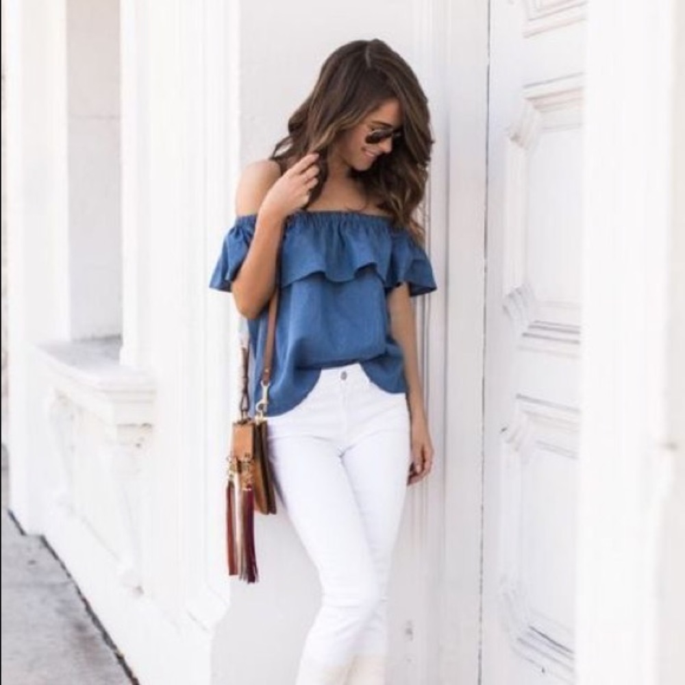 NWOT Off Shoulder Chambray Blouse